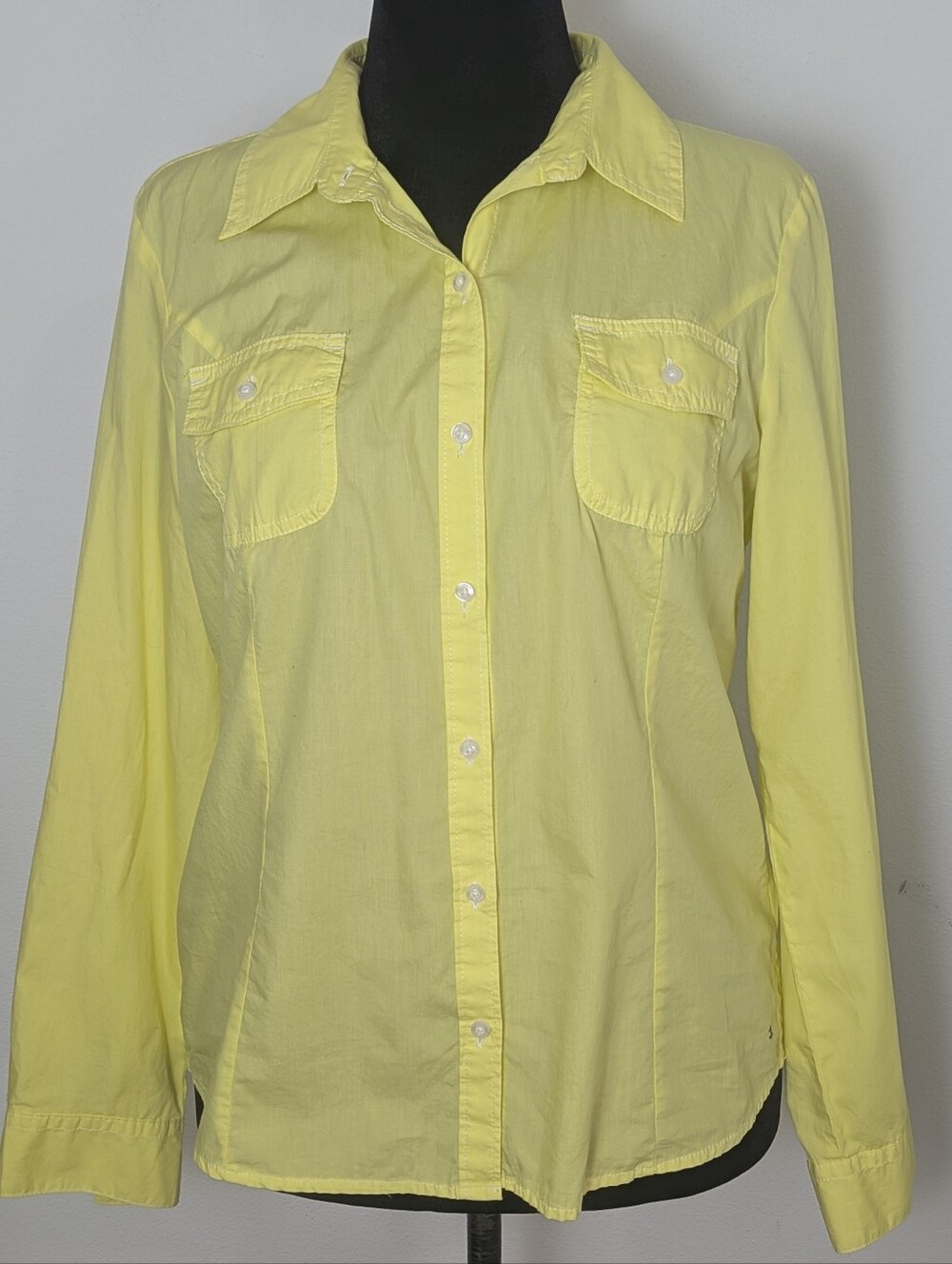 Tommy Hilfiger women cotton button down Shirt collar blouse yellow sz L roll up